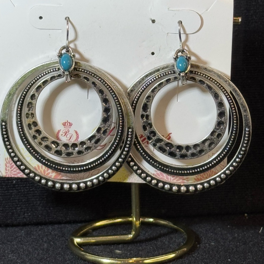 Premier Designs Silver Tone Dangling Triple Hoops With Blue Accents Stone 2.5in